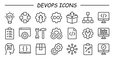 DevOps icon collection set. Containing software, development, operations, practice, combine, system development life cycle icon. Simple flat vector