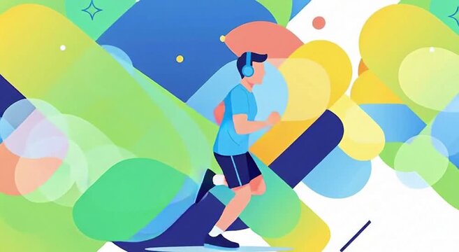 Animation Male Runner with Headphones and Abstract Shapes Illustration