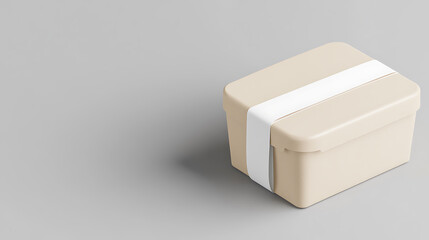 Beige storage box with a white band in a minimalistic design. Space for custom labeling and branding. Neutral background for versatile use.