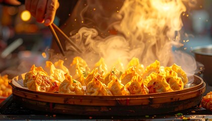 A vendor prepares steaming dumplings in a basket. Golden light illuminates the scene, creating a warm, inviting ambiance. Close-up on the culinary act