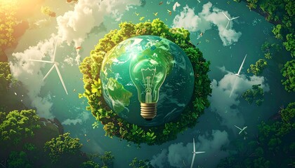 A verdant Earth, encircled by lush vegetation, harbors a giant glowing lightbulb. Wind turbines dot the skyline