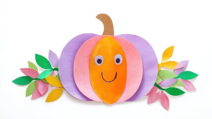 Children’s Craft Pumpkin Collage with Colored Paper Scraps, Playful Handmade Project Isolated on White