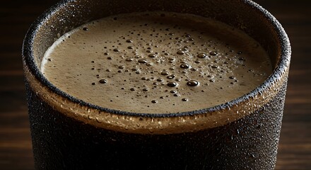 Close up of a coffee beverage in a ceramic mug studio shot