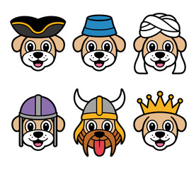 Fototapeta premium Six cartoon dog faces wearing different hats, including a pirate, a bucket, and a crown.