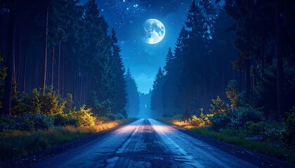 A forest road stretches towards a bright full moon, flanked by tall trees in the night. The sky sparkles with stars