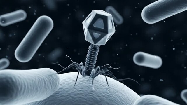 Microscopic bacteriophage virus attacking bacterial cell in dynamic scientific animation sequence