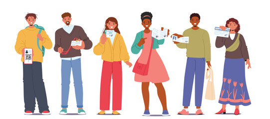 Diverse people cartoon characters showing personal documents, entry and ID cards isolated set
