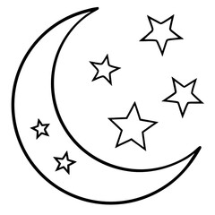 Minimalist crescent moon with five stars in black and white outline drawing for coloring or simple illustration vector