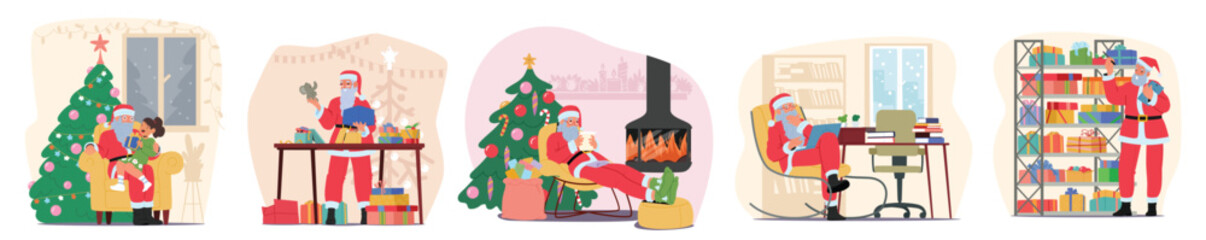 Santa Claus giving gifts, reading paper letters and digital mails, packing presents cartoon scenes
