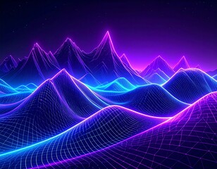 Neon wireframe mountains at night
