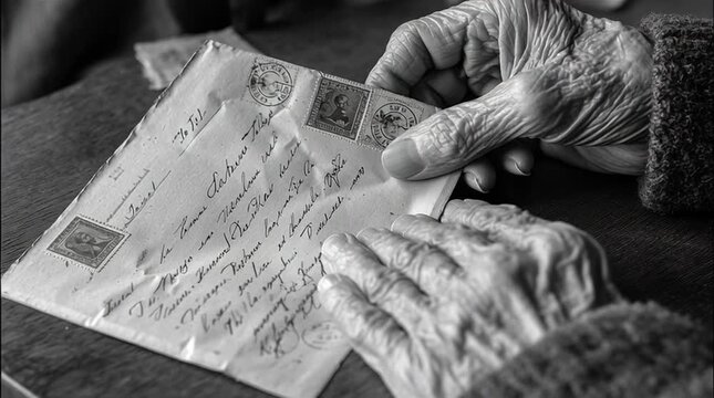 Touching close-up of elderly hands gently holding and rereading a worn, vintage airmail letter with faded ink and an old postmark &mdash; a memory from a loved one long ago.