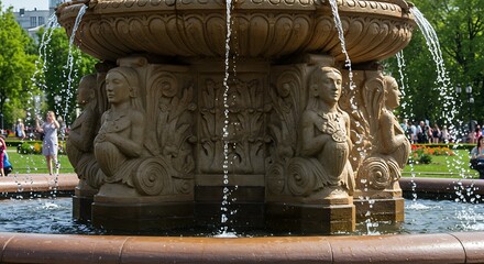 Ornate stone fountain with cascading water sculptures in outdoor park setting