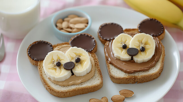 Cute bear toast art with peanut butter, chocolate spread, bananas and chocolate chips on a white plate, creating a playful and nutritious snack.