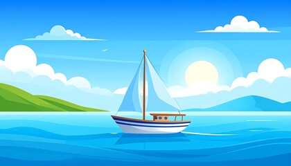 A serene cartoon scene depicts a sailboat on calm, blue waters under a sunny sky. Lush green hills and distant mountains complete the picturesque panorama