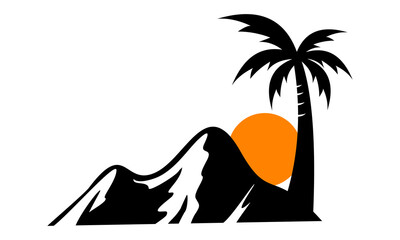Tropical mountain sunset silhouette icon vector