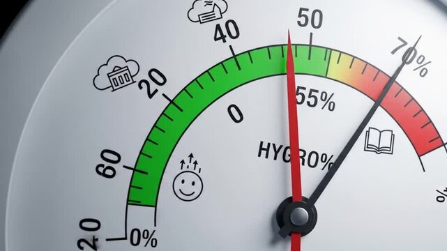 Dynamic humidity meter shows optimal levels for comfort, well-being, and perfect conditions for learning and storage