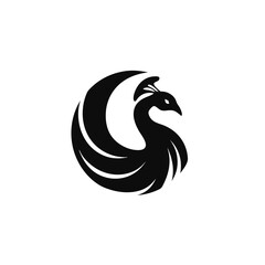 Obraz premium Elegant stylized black peacock bird silhouette in a circular design, a minimalist vector graphic icon for branding and modern design concepts