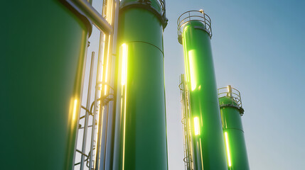 Industrial tanks stand tall against the sky, reflecting sunlight. Green cylinders and metal pipes create a modern, eco-friendly energy infrastructure.