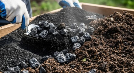 Close medium shot of varying biochar textures being blended with compost demonstrating ecofriendly soil amendment techniques for organic farming.