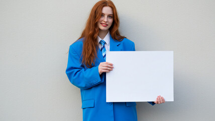 A happy woman with red hair, holding a large blank white sign. This cheerful mockup provides ample copy space for your message or advertisement.