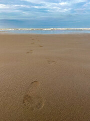 Footprints in sand leading to ocean waves
