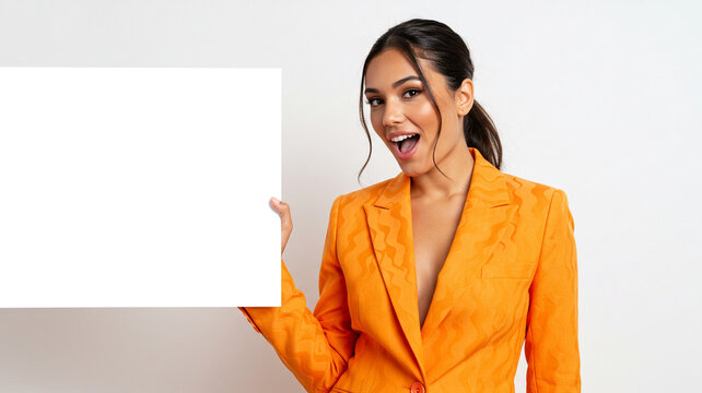 A stylish woman in a bright orange blazer, pointing to a large blank white sign. This professional mockup offers ample copy space for your business message or advertisement. - Powered by Adobe
