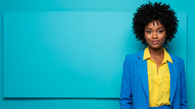 A stylish African American woman in a blue blazer, standing against a matching background. She is smiling and holding a blank white sign for your message.