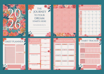 Planner 2026 year, monthly, weekly and daily planners for schedule list with reminder, checklists, important date and notes. simple life planners daily routine, habits tracker, time management vector 