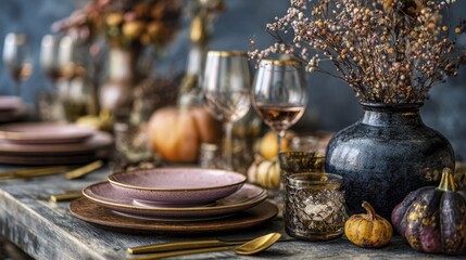 Elegant autumn table setting with decorative pumpkins, rustic dishes, wine glasses, and dried flowers.