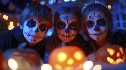 Obraz premium Three children wearing spooky skull face paint for Halloween celebration with glowing carved pumpkins.