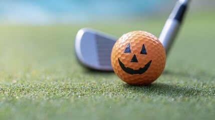 Naklejka premium Orange Halloween golf ball with carved jack-o'-lantern face resting on golf course grass next to a