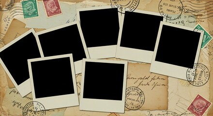 A collage of several empty, aged Polaroid photos, with black tops, superimposed on a textured, faded paper background with vintage stamps and writing.