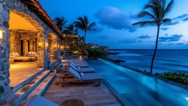 Luxurious infinity pool overlooking the ocean at twilight.  Stone villa with patio, palm trees, and lounge seating