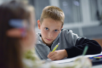Brother and sister doing homework together at home