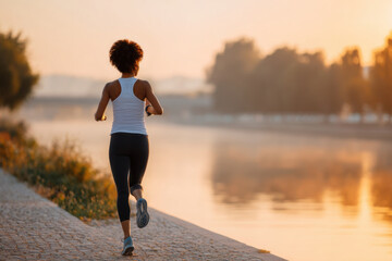 Woman jogging by the river at sunrise
