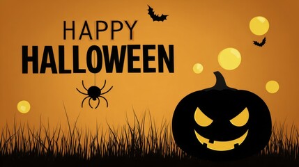Happy Halloween spooky night background with carved pumpkin, flying bats, spider, and moon over grass