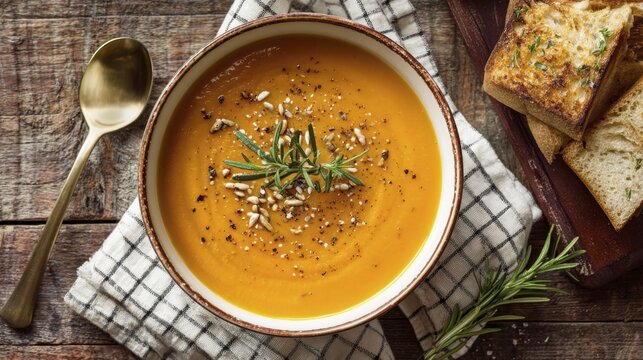 Overhead view of warm pumpkin squash soup in a bowl with toasted bread, rosemary, and spoon on wooden table - Powered by Adobe