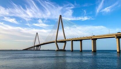 Obraz premium A majestic cable-stayed bridge spans wide blue water under a partly cloudy, bright sky. Traffic moves