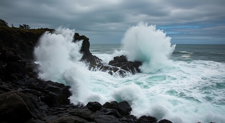 Obraz premium Dramatic waves crashing against rocky coastline under cloudy sky