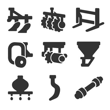 Modular Tool Icons. Solid style icons of modular and attachable tools: plow module, harrow disk set, front loader fork, baler arm