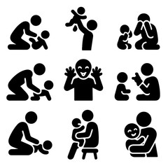 Playful Parent-Baby Icons. Solid style icons of playful bonding: parent tickling baby, tossing baby in air, playing peekaboo, baby