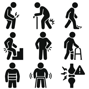 Mobility Pain Icons. Solid style icons of mobility-related pain or difficulty: sore knee icon, cane with pain sign, foot pain