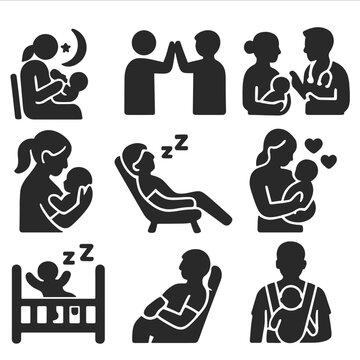 Parenting Routine Icons. Solid style icons of parents&rsquo; routine and support: night feeding icon, co-parenting teamwork, asking