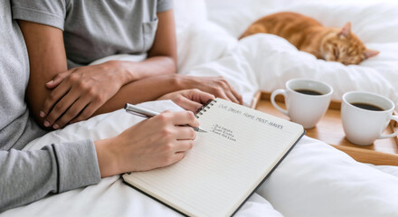 Close-up of lesbian couple making a list of their dream home must-haves on a notebook in bed, with actual readable text. Planning to buy new home
