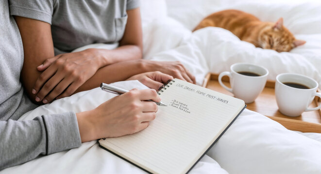 Close-up of lesbian couple making a list of their dream home must-haves on a notebook in bed, with actual readable text. Planning to buy new home - Powered by Adobe