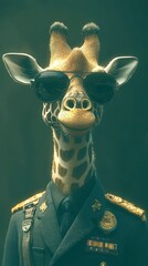 Unique giraffe in sunglasses wearing a uniform poses confidently against a background