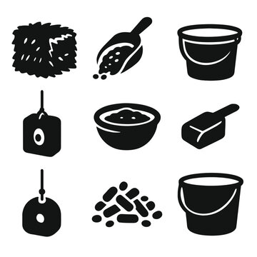 Horse Feed Icon Set. Solid style icons of horse feed and nutrition: hay flakes, grain scoop, mineral block, feed bucket, salt lick