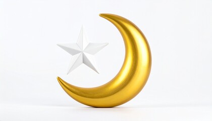 Golden crescent moon and white star on minimal white background