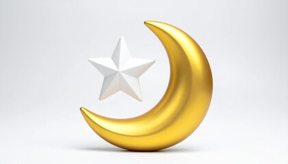 Golden crescent moon and white star on minimal white background