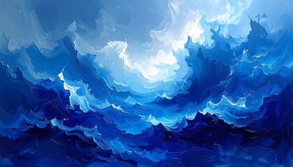 A vibrant, abstract artwork showcases an energetic, swirling expanse of blues, resembling a turbulent ocean or the sky. The textured strokes create depth